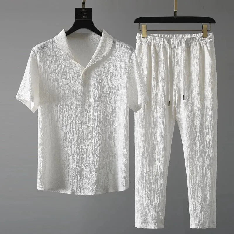 (Camisa + calças) Camisa clássica masculina de verão 2025, poliéster, camisa casual de negócios masculina, moda praia , conjunto de roupas tamanho M-4XL